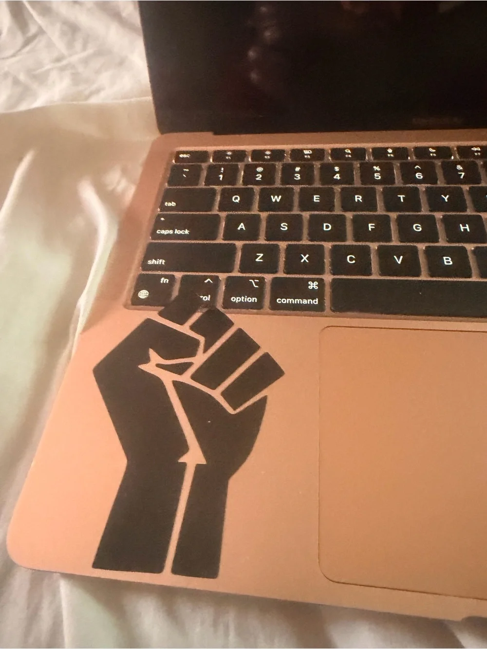 Apple MacBook Air in Rose Gold with Black Fist Decal Broken /For Parts